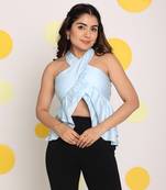 Solid ice blue halter neck party wear 100% cotton frilled crop top