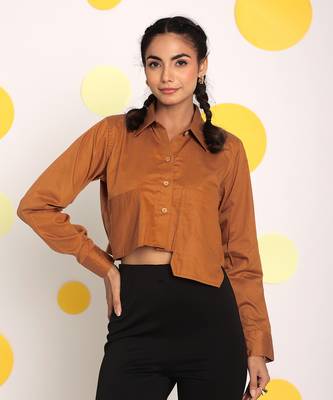 Solid brown full sleeve front long pocket 100% cotton buttoned crop shirt 1