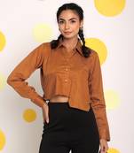 Solid brown full sleeve front long pocket 100% cotton buttoned crop shirt