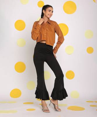 Solid brown full sleeve front long pocket 100% cotton buttoned crop shirt 2