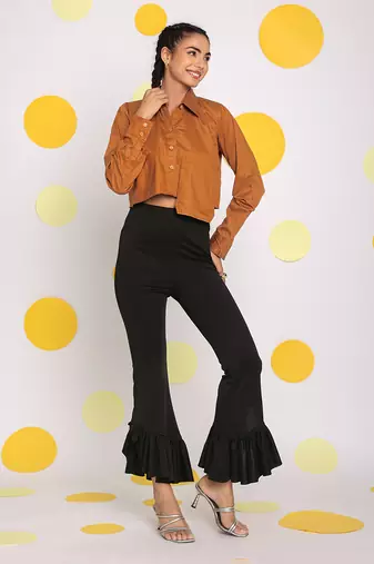 Solid brown full sleeve front long pocket 100% cotton buttoned crop shirt