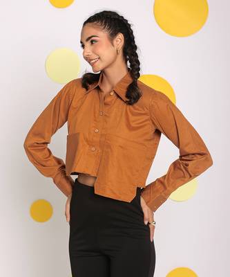 Solid brown full sleeve front long pocket 100% cotton buttoned crop shirt 3