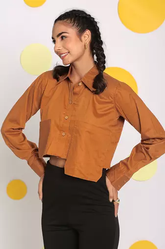 Solid brown full sleeve front long pocket 100% cotton buttoned crop shirt