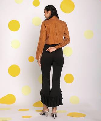 Solid brown full sleeve front long pocket 100% cotton buttoned crop shirt 4