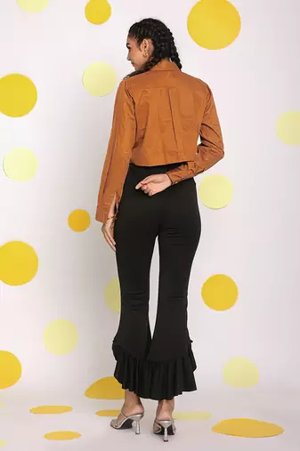 Solid brown full sleeve front long pocket 100% cotton buttoned crop shirt
