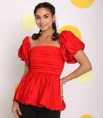 Red 3 way styling bust fitted top with detachable short balloon sleeves