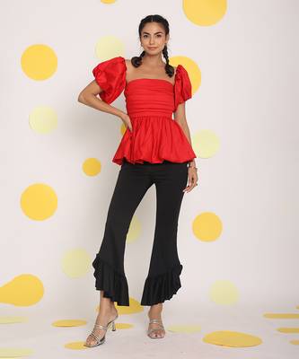 Red 3 way styling bust fitted top with detachable short balloon sleeves 2