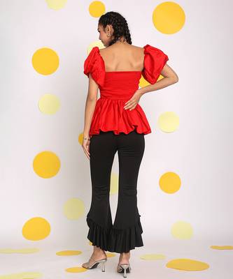 Red 3 way styling bust fitted top with detachable short balloon sleeves 5