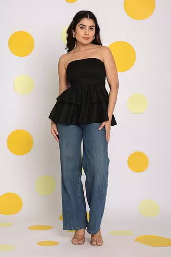 Solid black colour tube peplum frill  party wear top