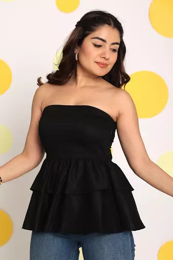 Solid black colour tube peplum frill  party wear top