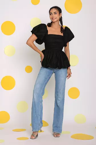 Black 3 way styling bust fitted top with detachable short balloon sleeves