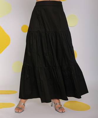 Solid black resort wear maxi style 100% cotton relaxed high waist long skirt 1