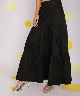 Solid black resort wear maxi style 100% cotton relaxed high waist long skirt 3