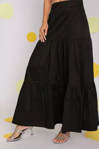 Solid black resort wear maxi style 100% cotton relaxed high waist long skirt