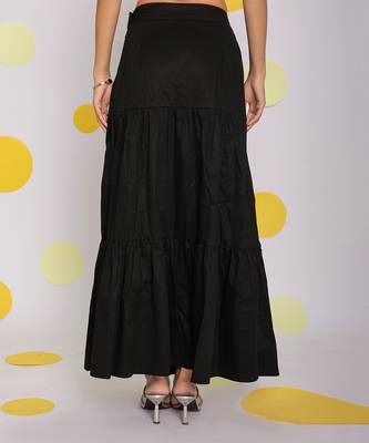 Solid black resort wear maxi style 100% cotton relaxed high waist long skirt 4