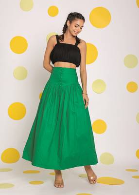 Green corset belt resortwear cotton high waist long skirt 1