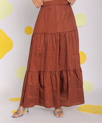 Solid coffee brown summer resortwear 100% cotton long skirt 1
