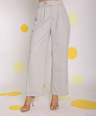 Solid ash grey relaxed wide legs lycra twill high waist korean pants 1