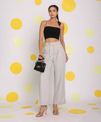 Solid ash grey relaxed wide legs lycra twill high waist korean pants 3