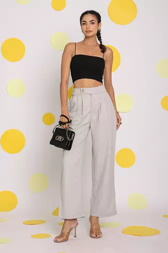 Solid ash grey relaxed wide legs lycra twill high waist korean pants