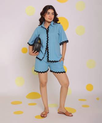 Sky blue summer elastic waist relaxed casual shorts 5