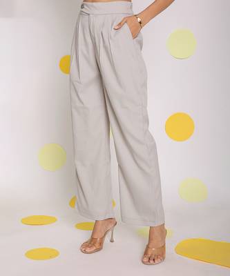 Solid ash grey relaxed wide legs lycra twill high waist korean pants 4