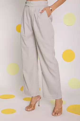 Solid ash grey relaxed wide legs lycra twill high waist korean pants