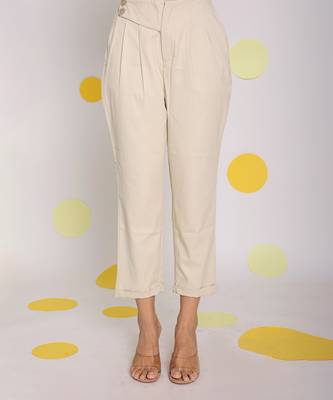 Solid cream relaxed ankle length lycra twill high waist korean pants 1