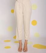 Solid cream relaxed ankle length lycra twill high waist korean pants