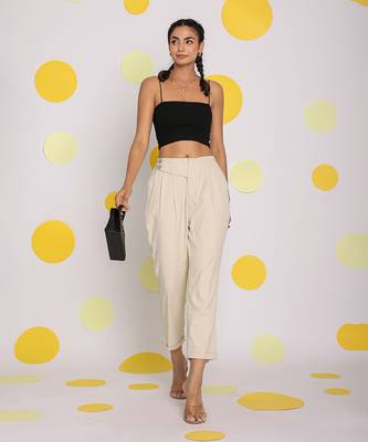 Solid cream relaxed ankle length lycra twill high waist korean pants 3