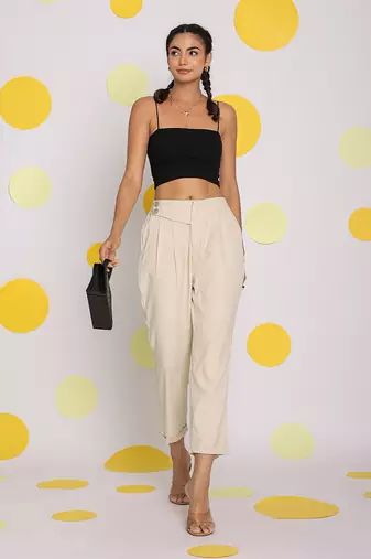 Solid cream relaxed ankle length lycra twill high waist korean pants