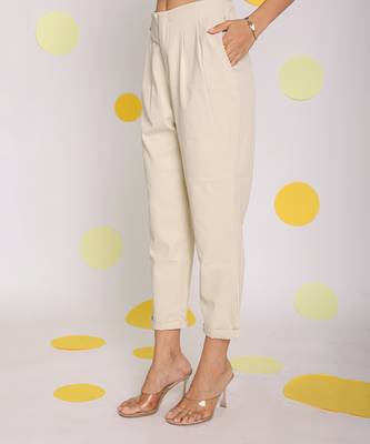 Solid cream relaxed ankle length lycra twill high waist korean pants 4