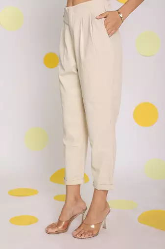Solid cream relaxed ankle length lycra twill high waist korean pants