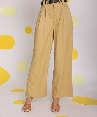 Solid beige relaxed wide legs lycra twill high waist buttoned korean pants 1