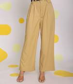 Solid beige relaxed wide legs lycra twill high waist buttoned korean pants
