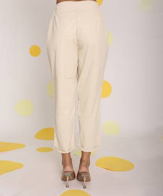 Solid cream relaxed ankle length lycra twill high waist korean pants 5
