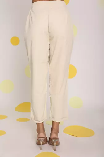 Solid cream relaxed ankle length lycra twill high waist korean pants
