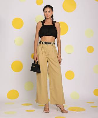 Solid beige relaxed wide legs lycra twill high waist buttoned korean pants 3
