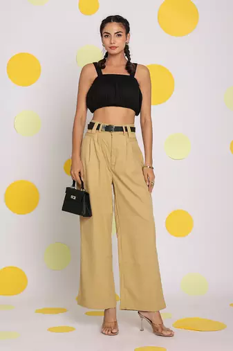 Solid beige relaxed wide legs lycra twill high waist buttoned korean pants