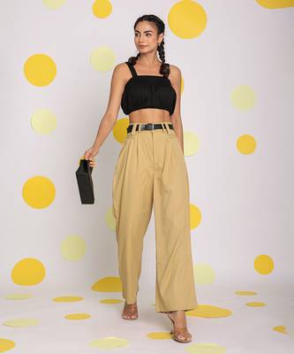 Solid beige relaxed wide legs lycra twill high waist buttoned korean pants 4