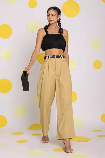 Solid beige relaxed wide legs lycra twill high waist buttoned korean pants