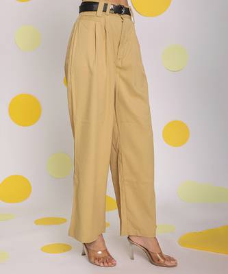 Solid beige relaxed wide legs lycra twill high waist buttoned korean pants 5
