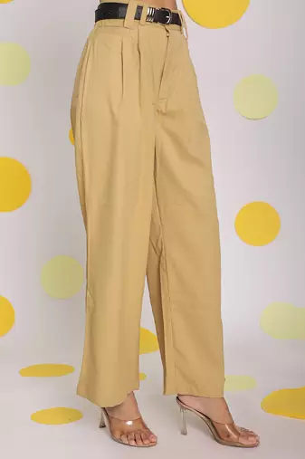 Solid beige relaxed wide legs lycra twill high waist buttoned korean pants