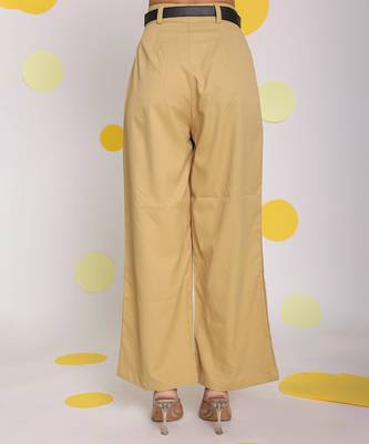 Solid beige relaxed wide legs lycra twill high waist buttoned korean pants 6