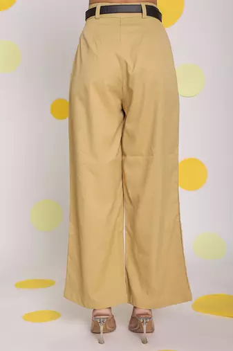 Solid beige relaxed wide legs lycra twill high waist buttoned korean pants