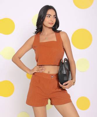 Solid brown summer relaxed casual buttoned linen shorts 1