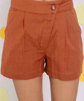 Solid brown summer relaxed casual buttoned linen shorts 4