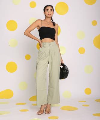 Solid mint green relaxed wide legs lycra twill high waist korean pants 3