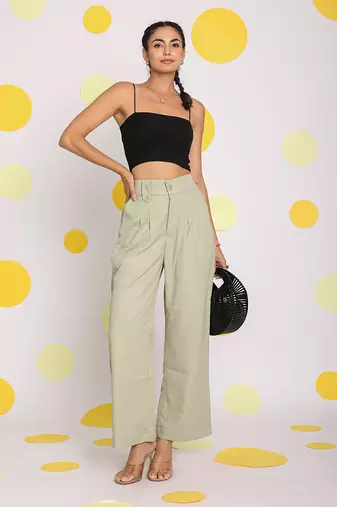 Solid mint green relaxed wide legs lycra twill high waist korean pants