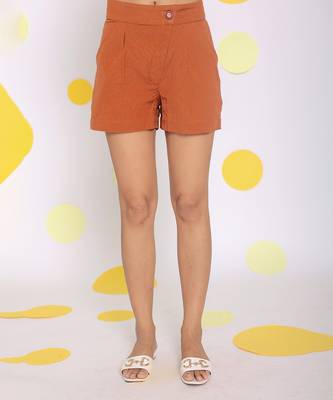 Solid brown summer relaxed casual buttoned linen shorts 5